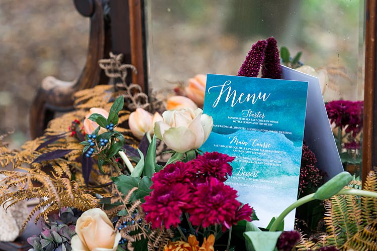 Stationery Blue Teal Watercolour 1970s Gypsy Bohemian Autumn Woodland Wedding Ideas http://carolineopacicphotography.com/