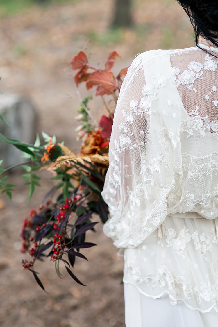 Lace Dress Gown Sleeves Vintage Bride Bridal 1970s Gypsy Bohemian Autumn Woodland Wedding Ideas http://carolineopacicphotography.com/