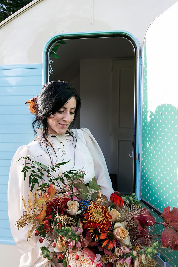 Bouquet Flowers Bride Bridal Dahlia Berrries Ferns Leaves Leaf Orange Red Ribbons 1970s Gypsy Bohemian Autumn Woodland Wedding Ideas http://carolineopacicphotography.com/