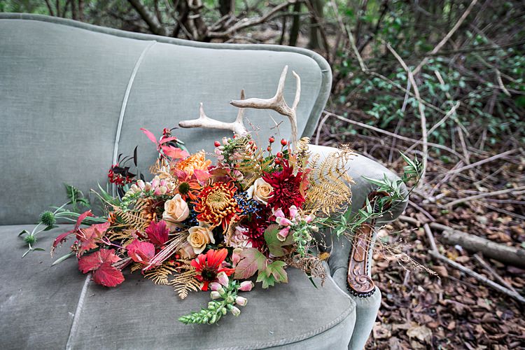 Bouquet Flowers Bride Bridal Dahlia Berrries Ferns Leaves Leaf Orange Red Ribbons 1970s Gypsy Bohemian Autumn Woodland Wedding Ideas http://carolineopacicphotography.com/