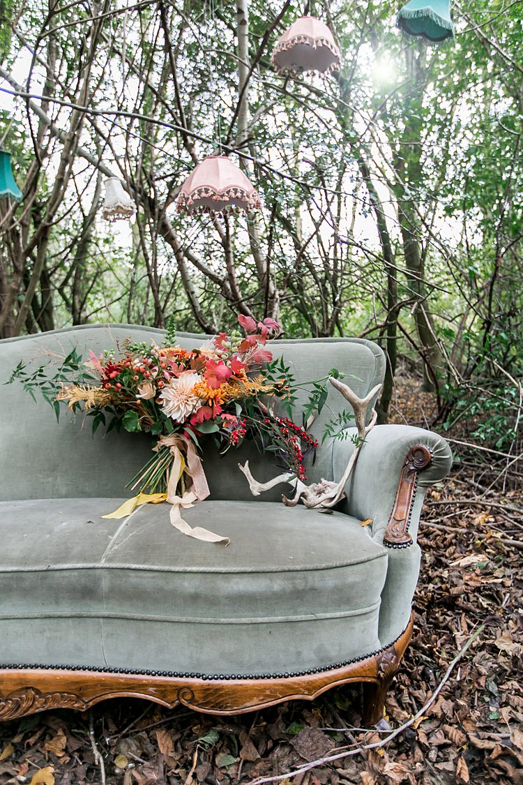 Bouquet Flowers Bride Bridal Dahlia Berrries Ferns Leaves Leaf Orange Red Ribbons 1970s Gypsy Bohemian Autumn Woodland Wedding Ideas http://carolineopacicphotography.com/