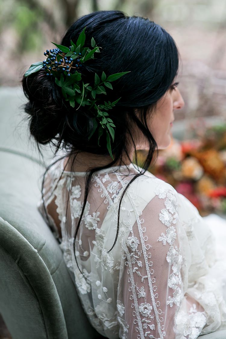 Hair Style Bride Bridal Up Do Flowers 1970s Gypsy Bohemian Autumn Woodland Wedding Ideas http://carolineopacicphotography.com/