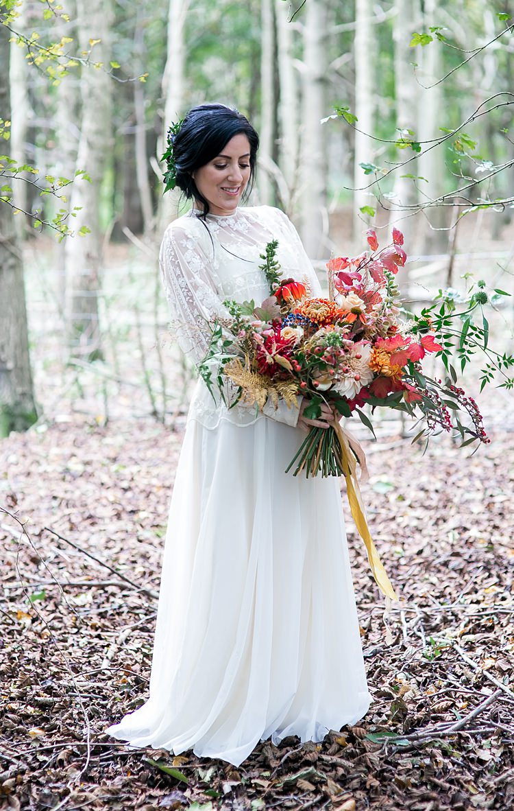 Bouquet Flowers Bride Bridal Dahlia Berrries Ferns Leaves Leaf Orange Red Ribbons 1970s Gypsy Bohemian Autumn Woodland Wedding Ideas http://carolineopacicphotography.com/
