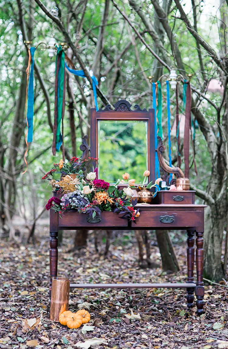 Furniture Dressing Table Flowers Decor Decoration Set Up 1970s Gypsy Bohemian Autumn Woodland Wedding Ideas http://carolineopacicphotography.com/