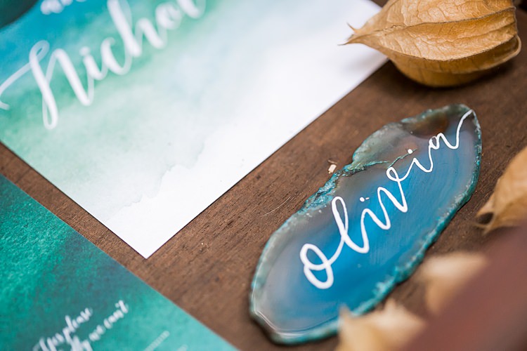 Stationery Blue Teal Watercolour Place Name Setting Calligraphy Geode 1970s Gypsy Bohemian Autumn Woodland Wedding Ideas http://carolineopacicphotography.com/