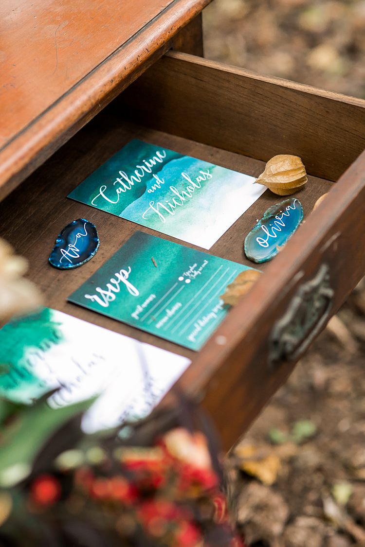 Stationery Blue Teal Watercolour Place Name Setting Calligraphy Geode 1970s Gypsy Bohemian Autumn Woodland Wedding Ideas http://carolineopacicphotography.com/