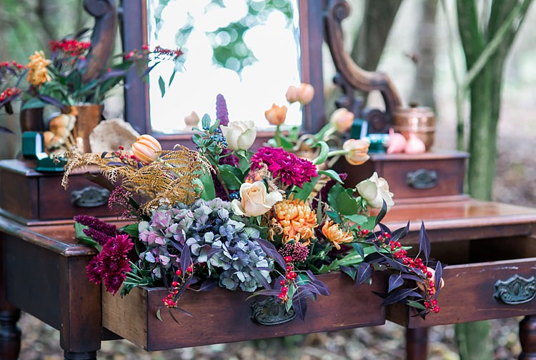 Furniture Dressing Table Flowers Decor Decoration Set Up 1970s Gypsy Bohemian Autumn Woodland Wedding Ideas http://carolineopacicphotography.com/