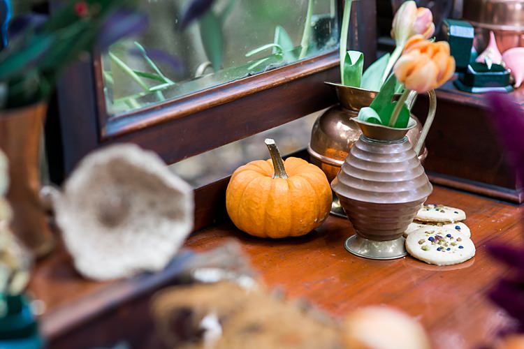 Pumpkins Flowers Figs Decor 1970s Gypsy Bohemian Autumn Woodland Wedding Ideas http://carolineopacicphotography.com/