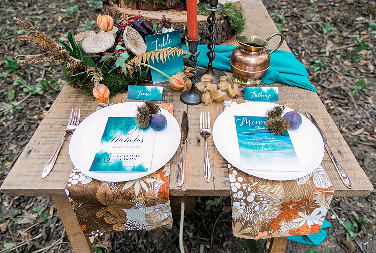 Tablescape Decor Place Setting Teal Orange Copper Table Decoration 1970s Gypsy Bohemian Autumn Woodland Wedding Ideas http://carolineopacicphotography.com/