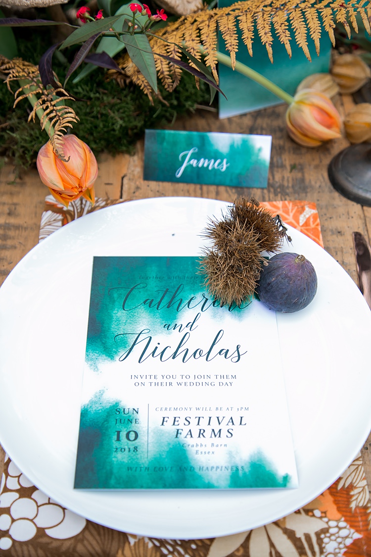 Stationery Blue Teal Watercolour Place Name Setting Calligraphy Geode 1970s Gypsy Bohemian Autumn Woodland Wedding Ideas http://carolineopacicphotography.com/