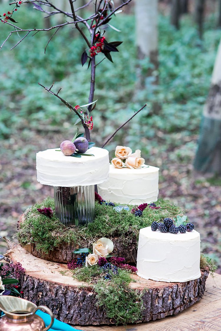 Buttercream Cakes Log Moss Fruit 1970s Gypsy Bohemian Autumn Woodland Wedding Ideas http://carolineopacicphotography.com/