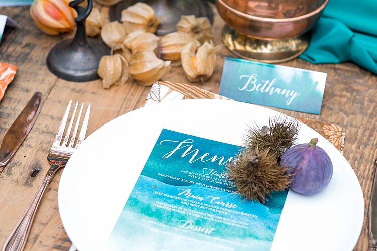 Tablescape Decor Place Setting Teal Orange Copper Table Decoration 1970s Gypsy Bohemian Autumn Woodland Wedding Ideas http://carolineopacicphotography.com/