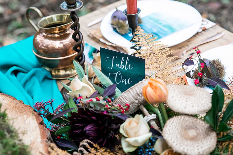 Tablescape Decor Place Setting Teal Orange Copper Table Decoration 1970s Gypsy Bohemian Autumn Woodland Wedding Ideas http://carolineopacicphotography.com/