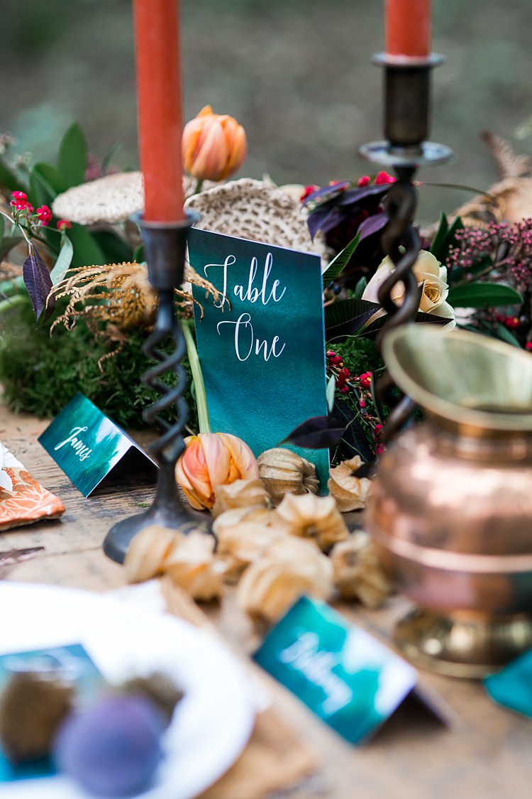 Stationery Blue Teal Watercolour Place Name Setting Calligraphy Geode 1970s Gypsy Bohemian Autumn Woodland Wedding Ideas http://carolineopacicphotography.com/