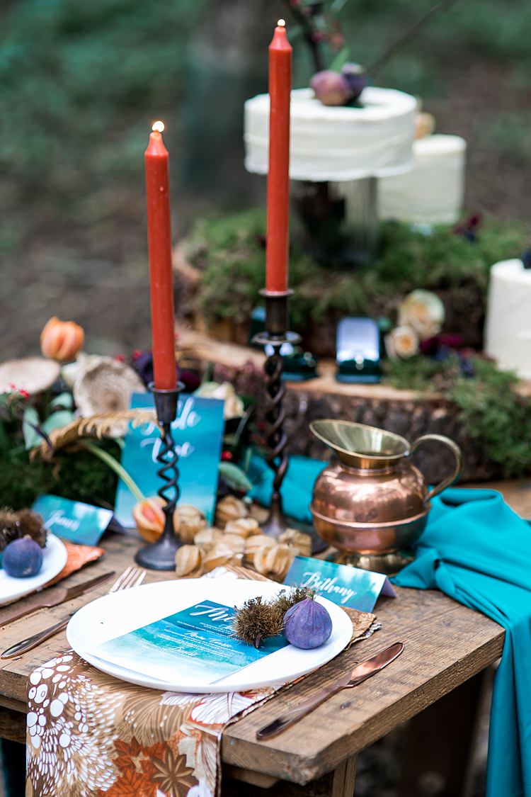 Tablescape Decor Place Setting Teal Orange Copper Table Decoration 1970s Gypsy Bohemian Autumn Woodland Wedding Ideas http://carolineopacicphotography.com/