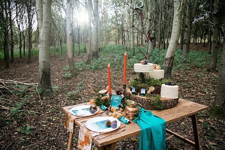 Tablescape Decor Place Setting Teal Orange Copper Table Decoration 1970s Gypsy Bohemian Autumn Woodland Wedding Ideas http://carolineopacicphotography.com/