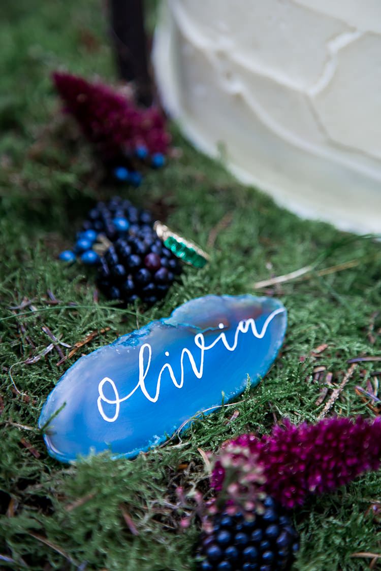 Place Name Setting Calligraphy Geode 1970s Gypsy Bohemian Autumn Woodland Wedding Ideas http://carolineopacicphotography.com/