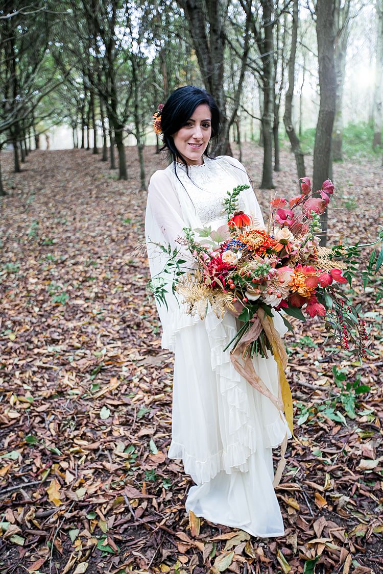 Lace Dress Gown Sleeves Vintage Bride Bridal 1970s Gypsy Bohemian Autumn Woodland Wedding Ideas http://carolineopacicphotography.com/