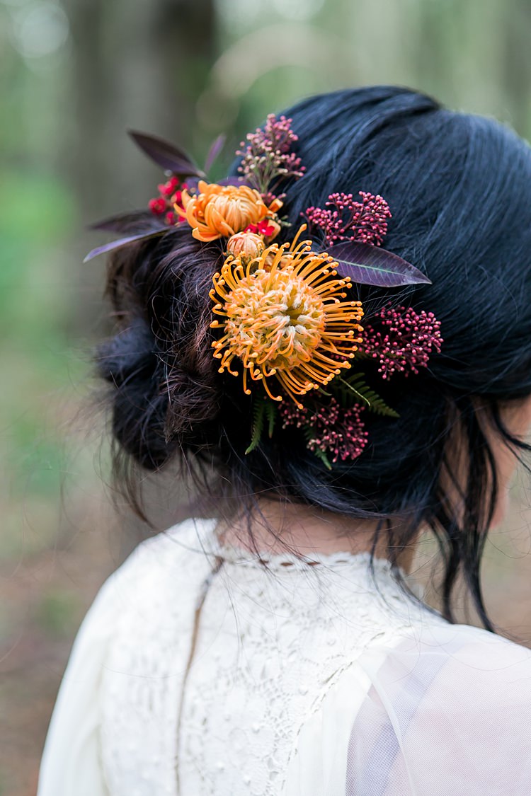 Hair Style Bride Bridal Up Do Flowers 1970s Gypsy Bohemian Autumn Woodland Wedding Ideas http://carolineopacicphotography.com/