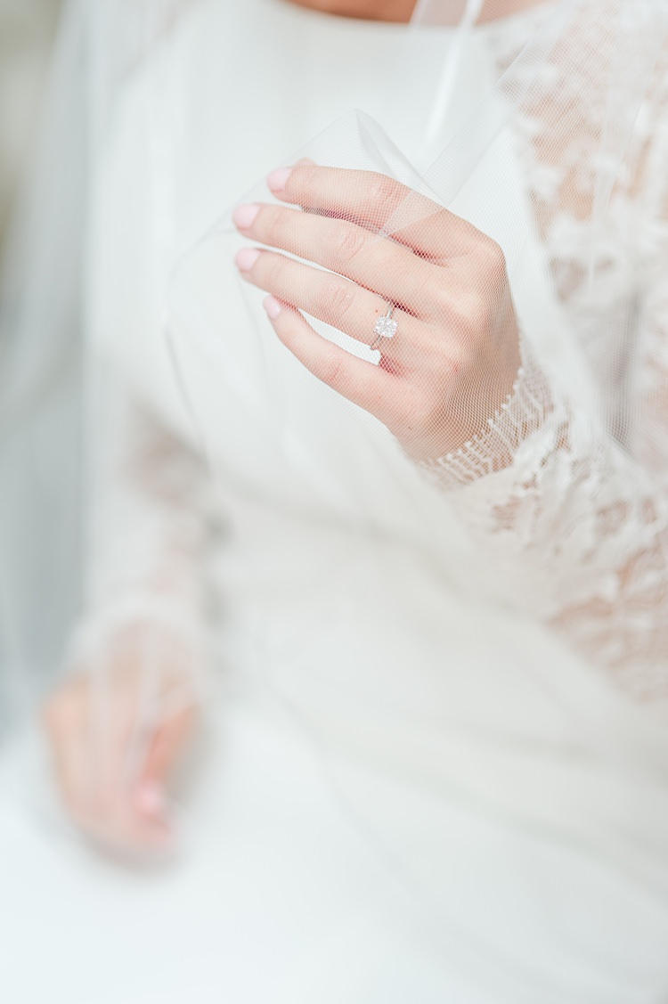 Engagement Ring Lace Sleeves Gown Bright Coral Garden Wedding New Jersey http://somethingbluenj.com/