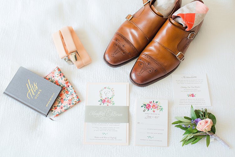 Floral Stationery Pastel Braces Groom Shoes Buttonhole Bright Coral Garden Wedding New Jersey http://somethingbluenj.com/