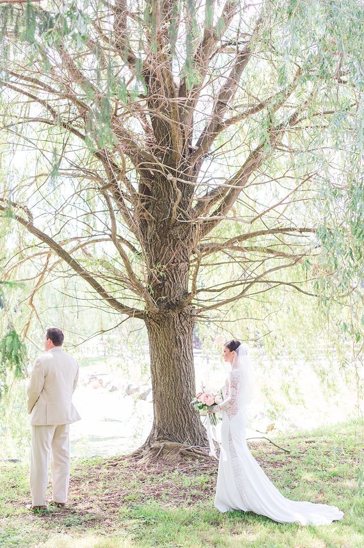 Bride Groom First Look Outside Tree Bright Coral Garden Wedding New Jersey http://somethingbluenj.com/
