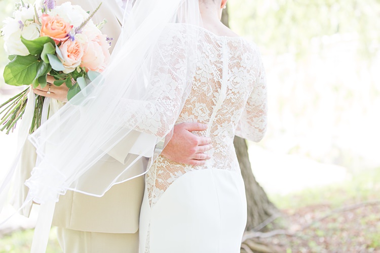 Bride Lace Gown Sheer Groom Cream Suit Pastel Bouquet Bright Coral Garden Wedding New Jersey http://somethingbluenj.com/