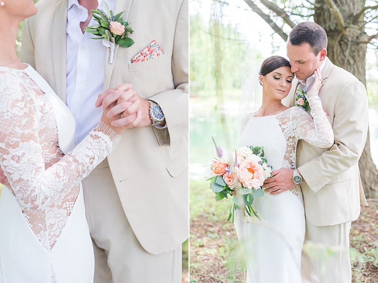 Bride Lace Gown Sheer Long Sleeve Groom Cream Suit Pastel Bouquet Bright Coral Garden Wedding New Jersey http://somethingbluenj.com/