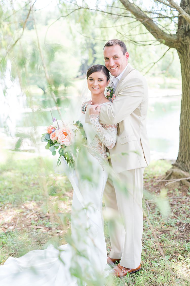 Bride Lace Gown Groom Cream Suit Pastel Bouquet Bright Coral Garden Wedding New Jersey http://somethingbluenj.com/