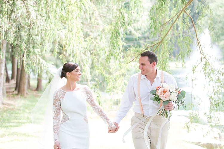 Bride Lace Gown Sheer Long Sleeve Groom Cream Suit Pastel Bouquet Bright Coral Garden Wedding New Jersey http://somethingbluenj.com/