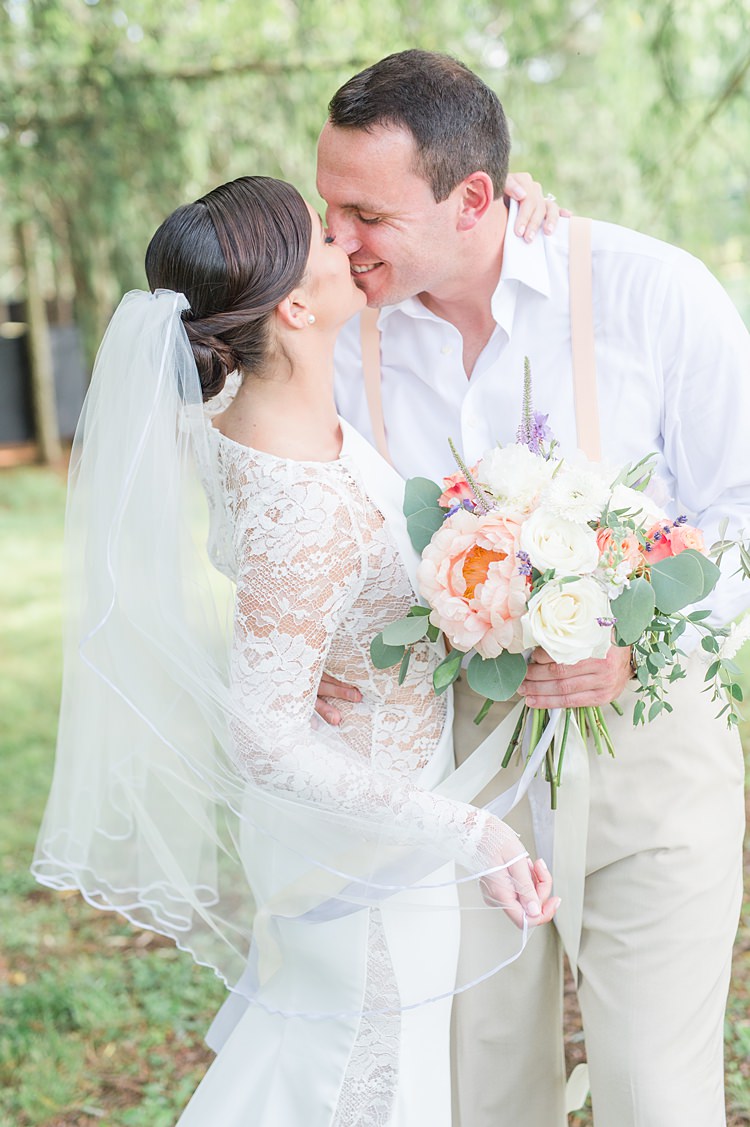 Sheer Lace Gown Clip Veil Up Do Braces Pastel Bright Coral Garden Wedding New Jersey http://somethingbluenj.com/