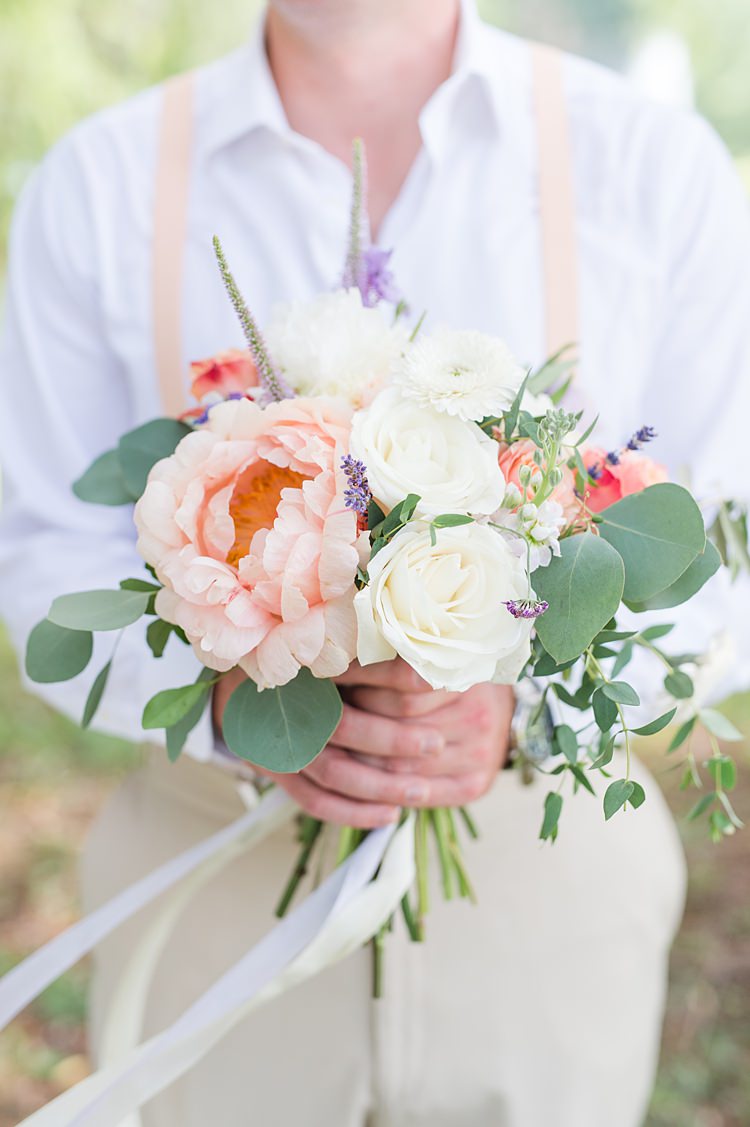Groom Braces Pastel Bouquet Bright Coral Garden Wedding New Jersey http://somethingbluenj.com/