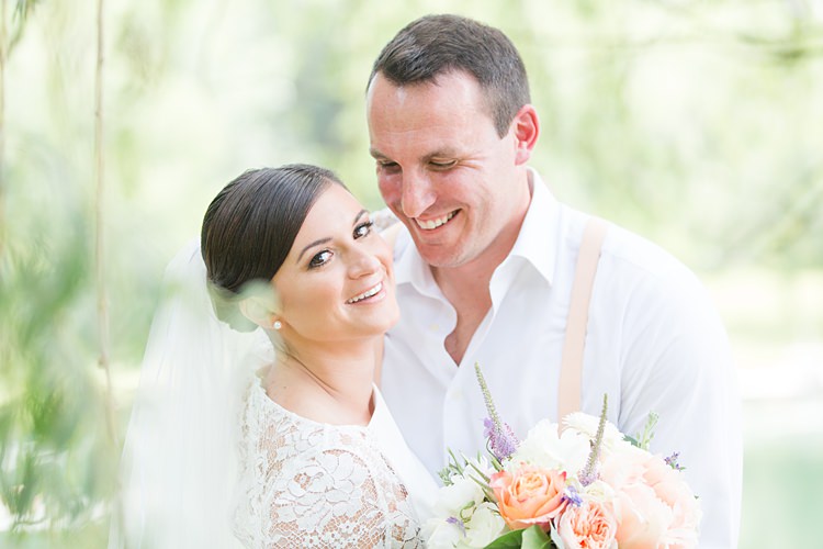 Bride Lace Gown Sheer Long Sleeve Groom Cream Suit Pastel Bouquet Bright Coral Garden Wedding New Jersey http://somethingbluenj.com/
