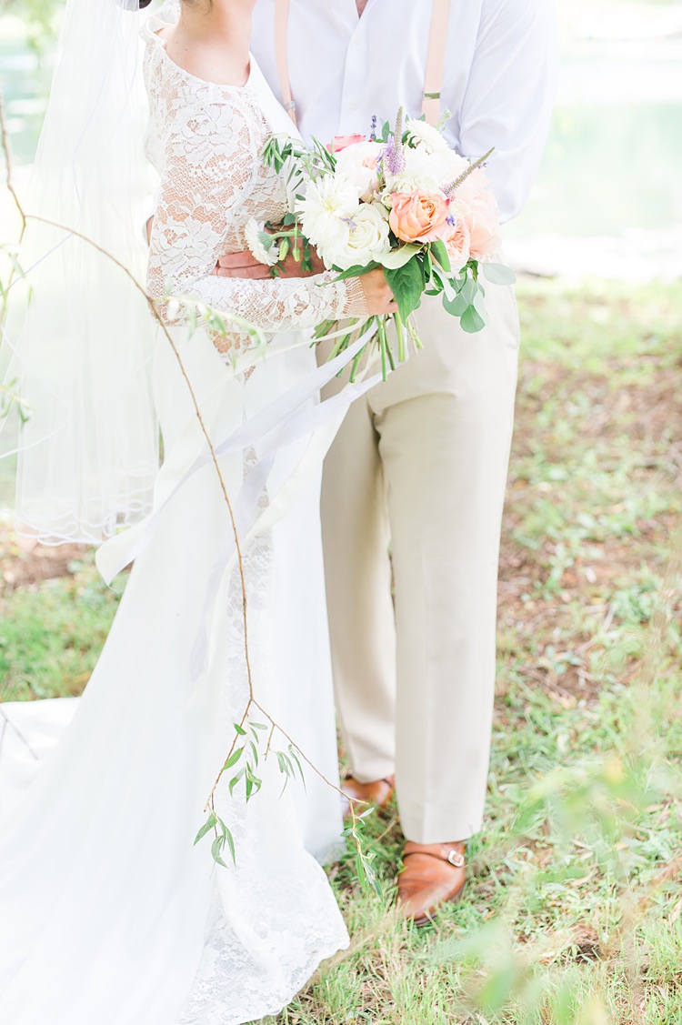 Bride Lace Gown Groom Cream Suit Pastel Bouquet Bright Coral Garden Wedding New Jersey http://somethingbluenj.com/