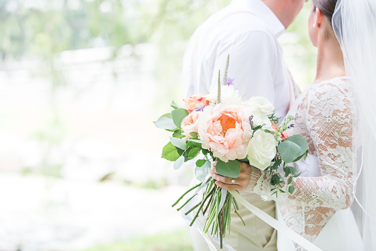 Bride Lace Gown Sheer Long Sleeve Groom Cream Suit Pastel Bouquet Bright Coral Garden Wedding New Jersey http://somethingbluenj.com/