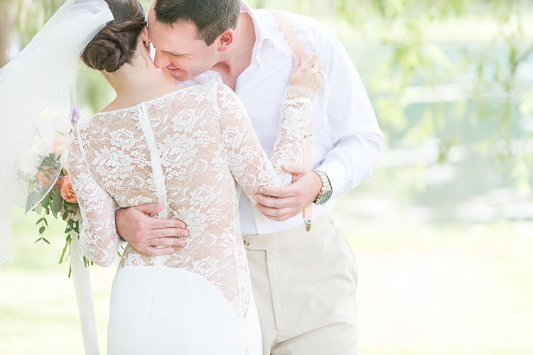 Bride Lace Gown Sheer Long Sleeve Groom Cream Suit Pastel Bouquet Bright Coral Garden Wedding New Jersey http://somethingbluenj.com/