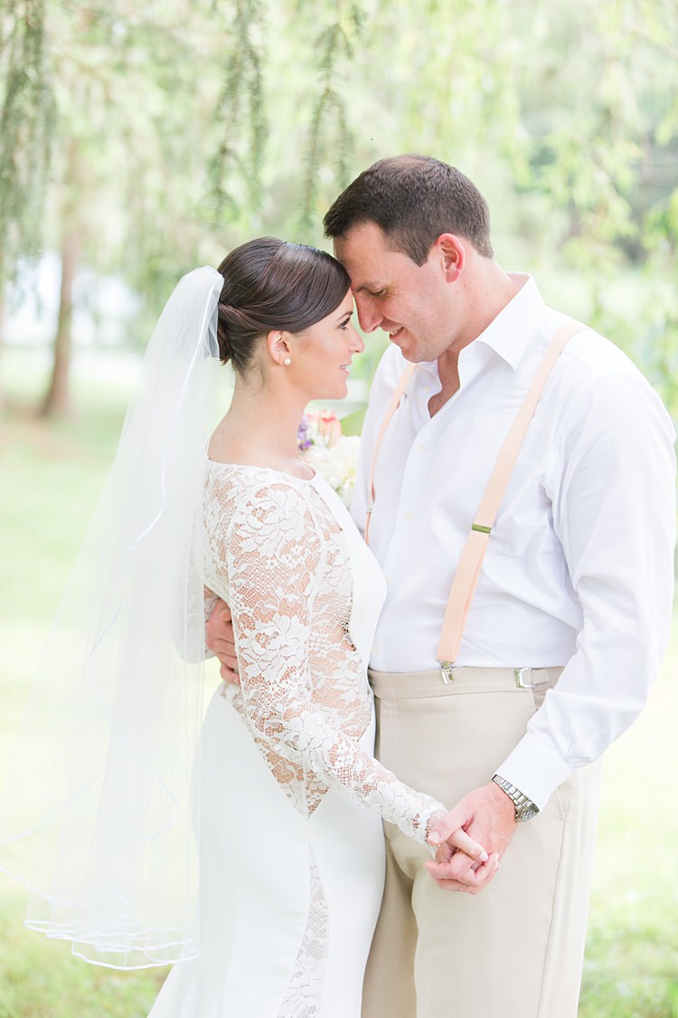 Bride Lace Gown Sheer Long Sleeve Groom Cream Suit Pastel Bouquet Bright Coral Garden Wedding New Jersey http://somethingbluenj.com/