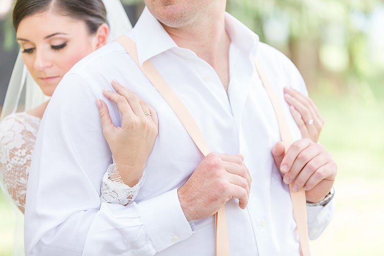 Bride Lace Gown Sheer Long Sleeve Groom Cream Suit Pastel Bouquet Bright Coral Garden Wedding New Jersey http://somethingbluenj.com/