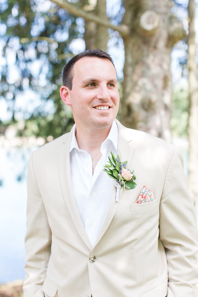 Groom Cream Suit Floral Pocketsquare Bright Coral Garden Wedding New Jersey http://somethingbluenj.com/