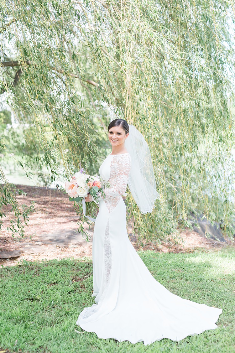 Bride Lace Gown Sheer Long Sleeve Pastel Bouquet Bright Coral Garden Wedding New Jersey http://somethingbluenj.com/