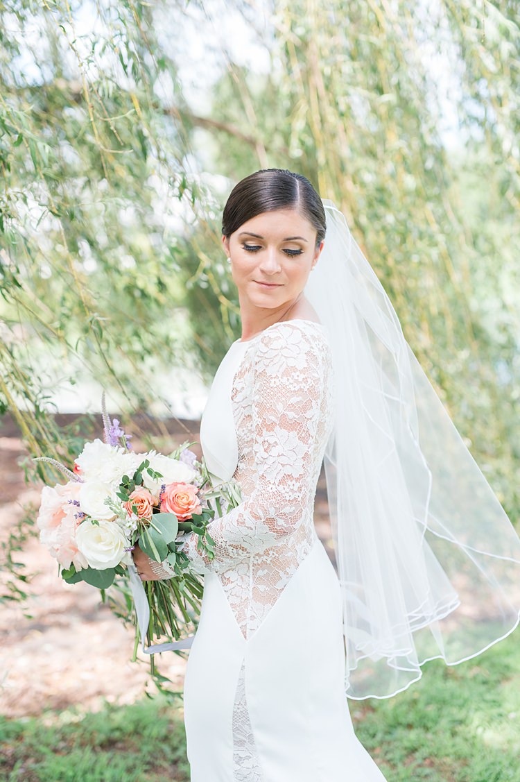 Bride Lace Gown Sheer Long Sleeve Pastel Bouquet Bright Coral Garden Wedding New Jersey http://somethingbluenj.com/
