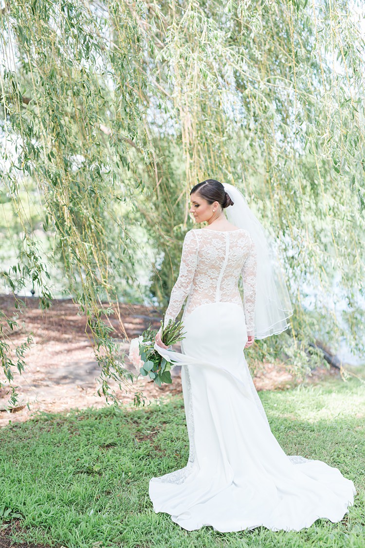 Bride Lace Gown Sheer Long Sleeve Pastel Bouquet Bright Coral Garden Wedding New Jersey http://somethingbluenj.com/