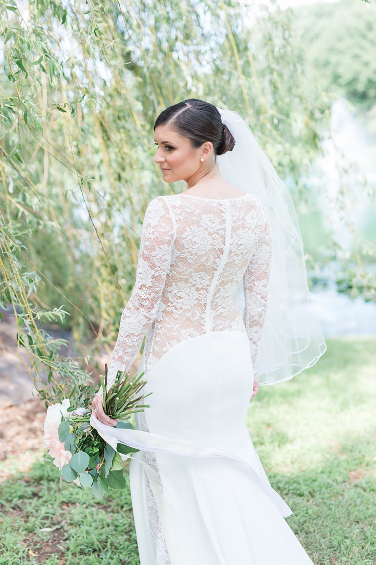 Sheer Lace Gown Drop Waist Clip Veil Up Do Bright Coral Garden Wedding New Jersey http://somethingbluenj.com/