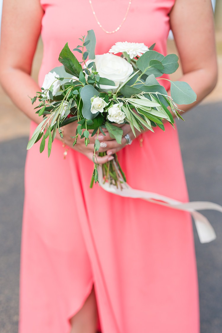 Bridesmaid Gown Greenery Roses Bouquet Bright Coral Garden Wedding New Jersey http://somethingbluenj.com/