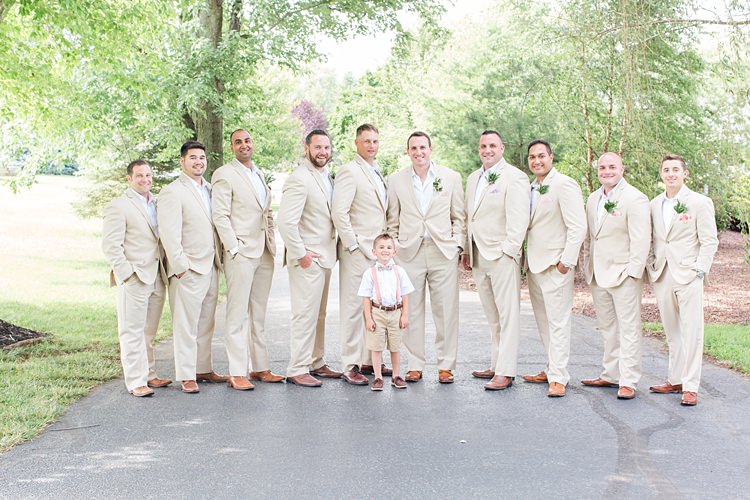 Groomsmen Page Boy Cream Suits Braces Brown Shoes Bright Coral Garden Wedding New Jersey http://somethingbluenj.com/