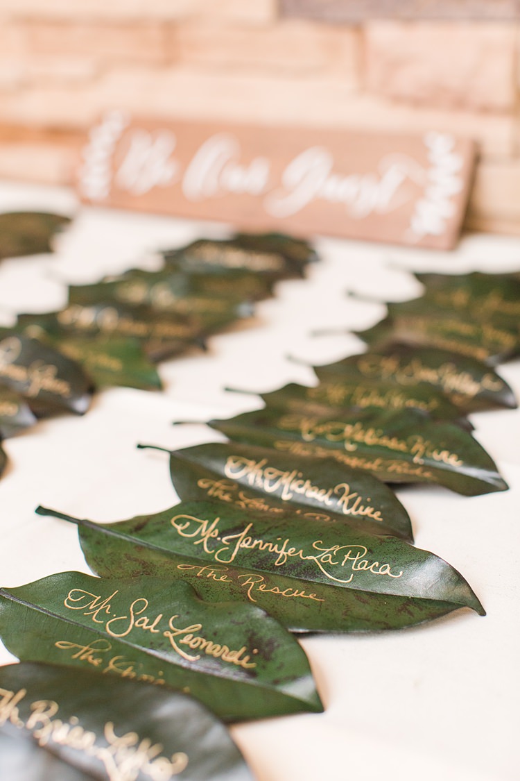 Calling Cards Leaves Gold Table Plan Bright Coral Garden Wedding New Jersey http://somethingbluenj.com/