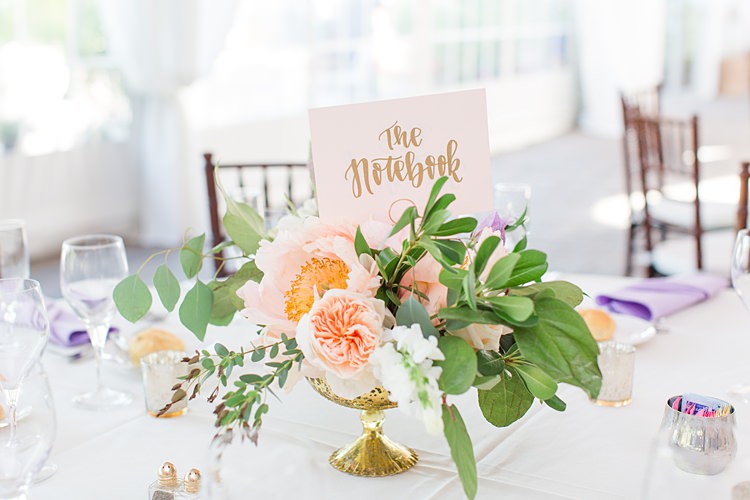 Table Names Books Nicholas Sparks Centrepiece Floral Bright Coral Garden Wedding New Jersey http://somethingbluenj.com/