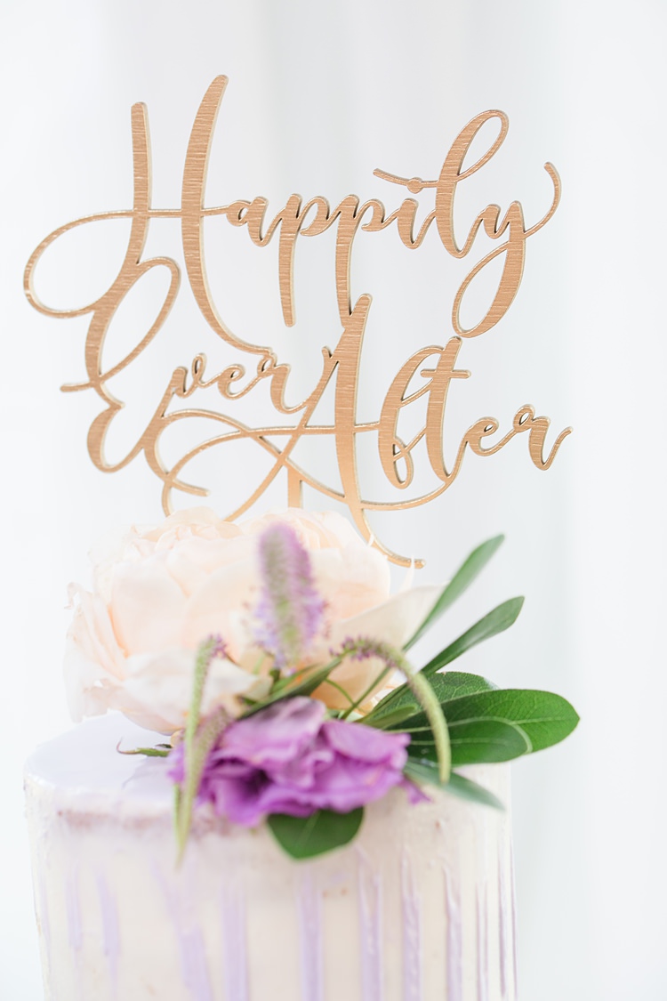 Naked Drip Cake Purple Gold Happily Ever After Topper Bright Coral Garden Wedding New Jersey http://somethingbluenj.com/