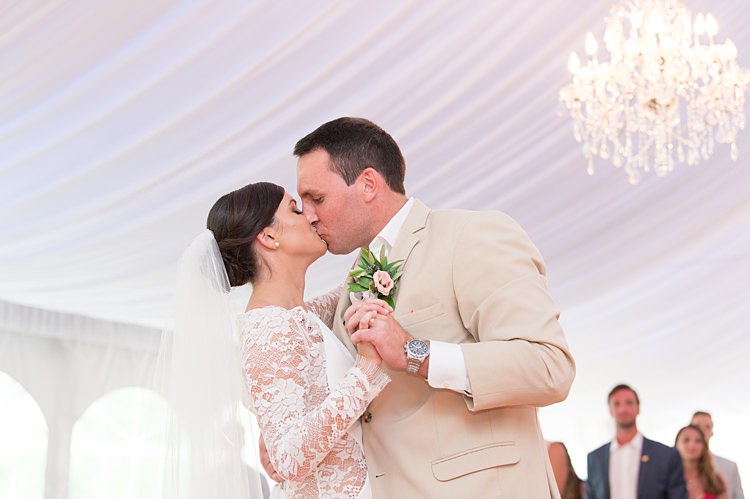 Bride Groom First Dance Long Sleeve Lace Gown Cream Suit Bright Coral Garden Wedding New Jersey http://somethingbluenj.com/