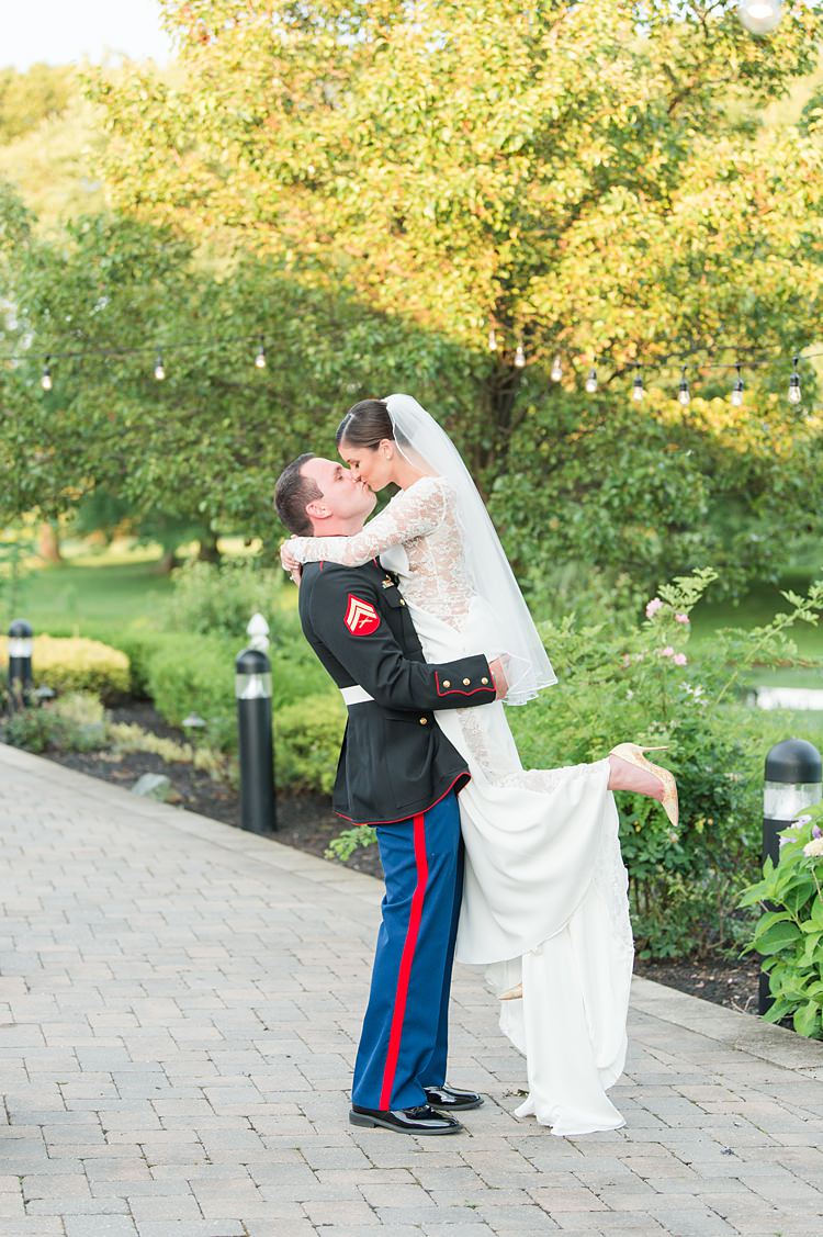 Groom Military Bride Lace Gown Sheer Long Sleeve Lift Bright Coral Garden Wedding New Jersey http://somethingbluenj.com/
